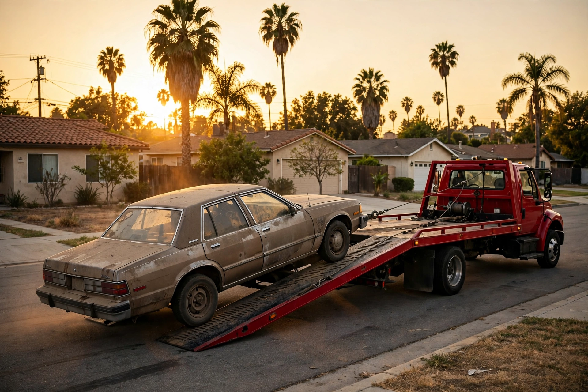 Tow truck picking up an old car in Los Angeles